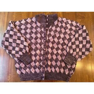 Handmade Mauve Lavender Entrelac Wool Knit Cardigan Large Grandmacore